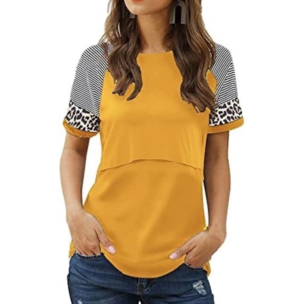 (B3) Smallshow Nursing Top Mustard Yellow‎ Leopard Stripe Raglan Sleeve XL